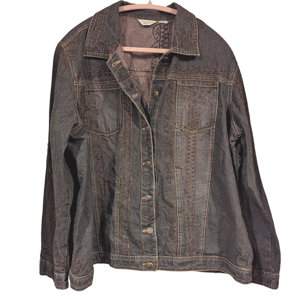Vintage Laura Ashley Woman Dark Wash Beaded Embroidered Denim Trucker Jacket 2X